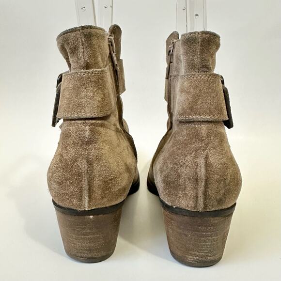PAUL GREEN Booties Tan Suede Heeled Ankle Buckle Strap Moto - Picture 9 of 14